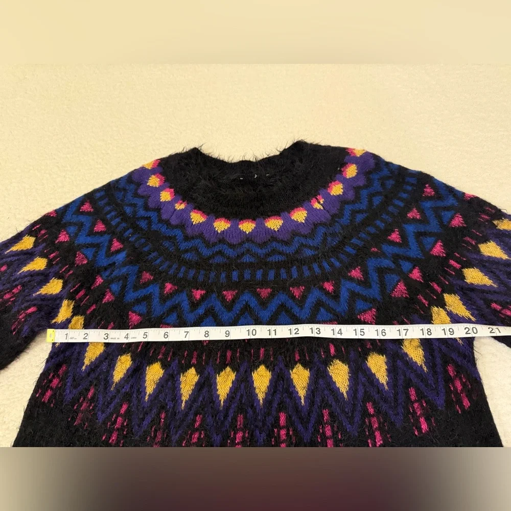 Fuzzy Fair Isle Pullover Women’s Sweater - Black with Purple Pink Gold & Blue - Picture 5 of 6